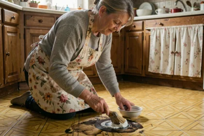 Femme d'âge mûr nettoyant une tache sur un lino vintage avec une brosse et un produit naturel maison