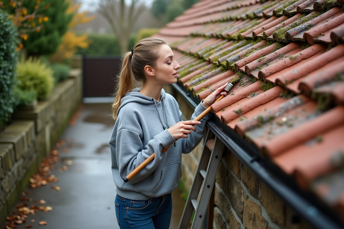 Jeune femme nettoyant des tuiles avec une brosse