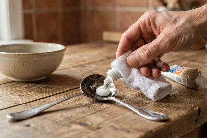 Mains nettoyant une cuillère en argent noircie avec du dentifrice sur une table en bois rustique