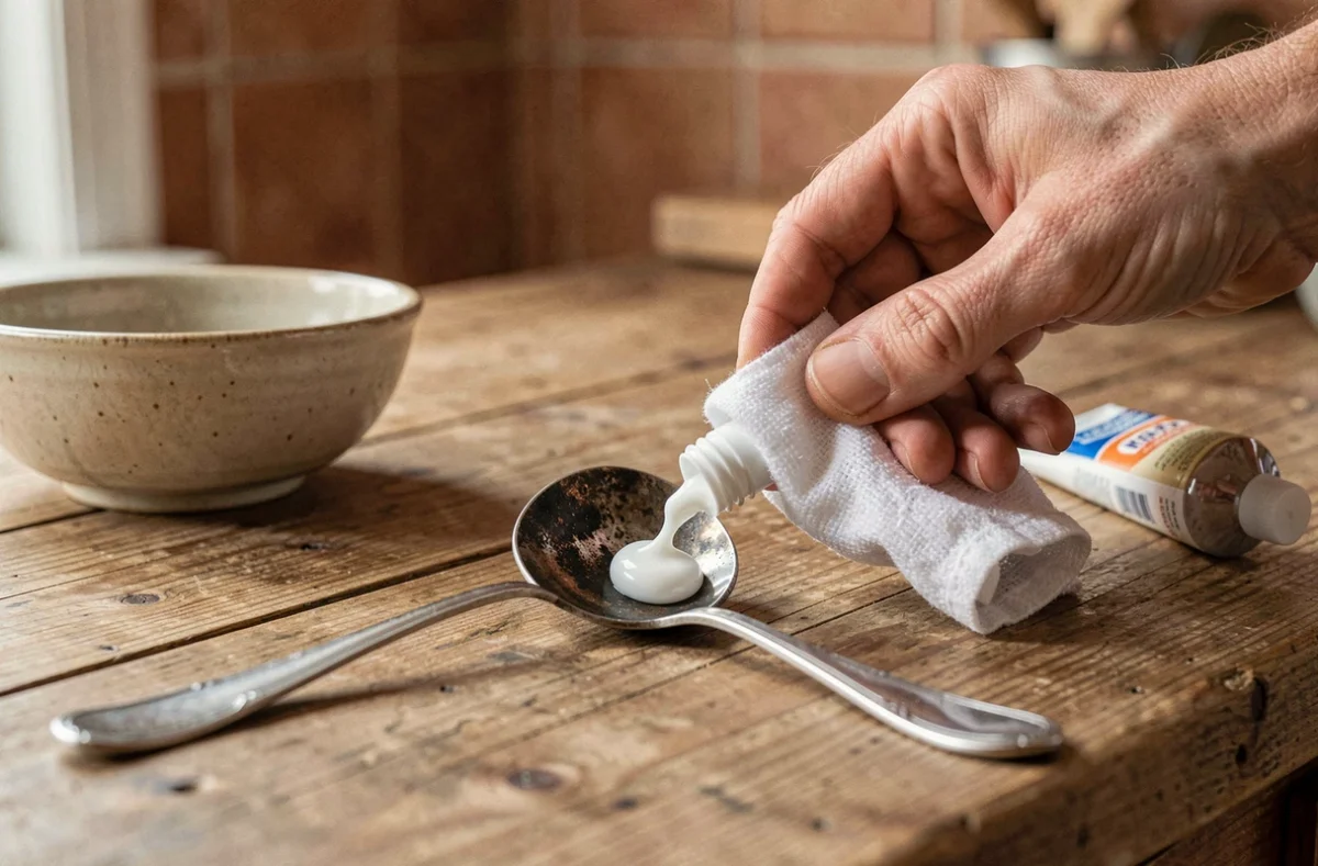 Mains nettoyant une cuillère en argent noircie avec du dentifrice sur une table en bois rustique