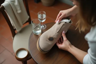 Mains féminines nettoyant une tache sur une botte en daim taupe avec un chiffon blanc et du vinaigre blanc sur une table en bois
