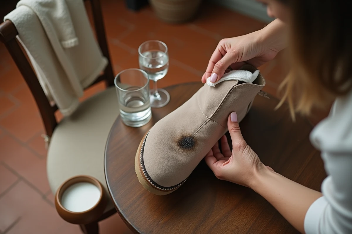 Mains féminines nettoyant une tache sur une botte en daim taupe avec un chiffon blanc et du vinaigre blanc sur une table en bois