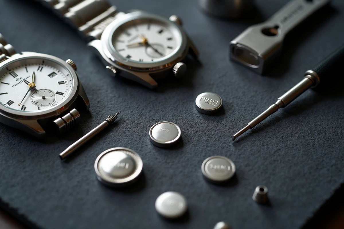Flat lay d'outils de remplacement de pile de montre incluant tournevis, pinces et piles bouton sur feutre gris