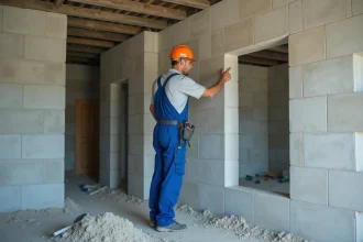 Ouvrier en overalls bleus près d’un mur en béton en construction