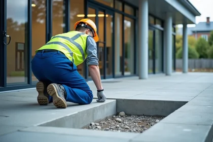 Ouvrier v&eacute;rifiant la pose d'une bordure en b&eacute;ton pour acc&egrave;s handicap&eacute;