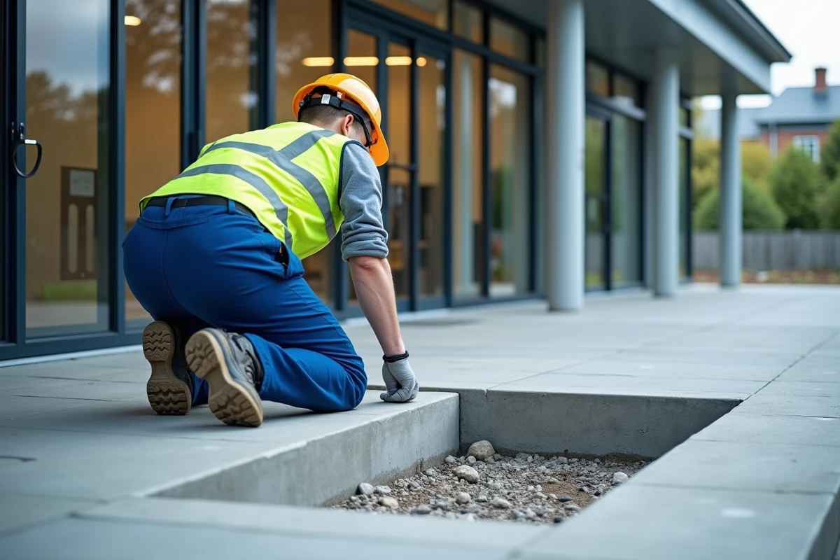 Ouvrier vérifiant la pose d'une bordure en béton pour accès handicapé