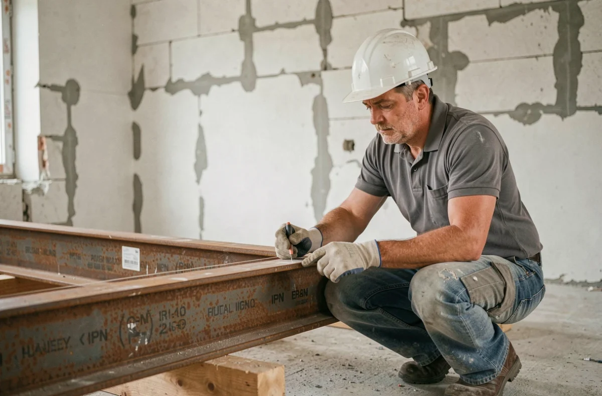 Ouvrier mesurant un IPN en acier sur un chantier d'extension résidentielle, vue de trois quarts au sol
