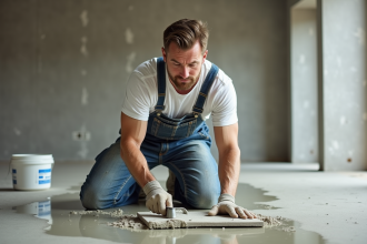 Ouvrier en overalls peints appliquant du ragréage sur un sol en béton