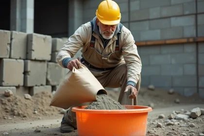 Ouvrier versant un sac de ciment de 25 kg dans une auge de gâchage sur un chantier de construction