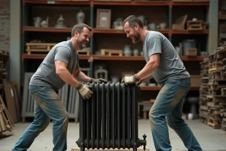Deux ouvriers soulevant un lourd radiateur en fonte récupéré dans un entrepôt de matériaux de récupération