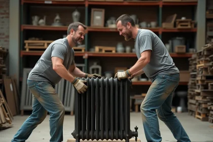 Deux ouvriers soulevant un lourd radiateur en fonte récupéré dans un entrepôt de matériaux de récupération