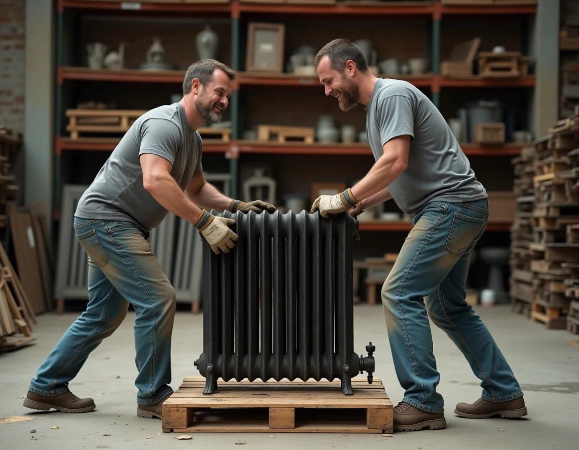 Deux ouvriers soulevant un lourd radiateur en fonte récupéré dans un entrepôt de matériaux de récupération