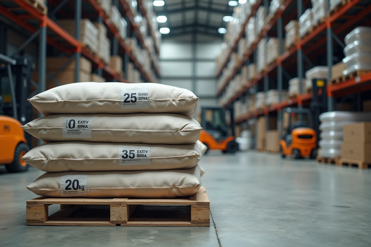 Palette de sacs de ciment de 25 kg et 35 kg empilés dans un entrepôt de matériaux de construction