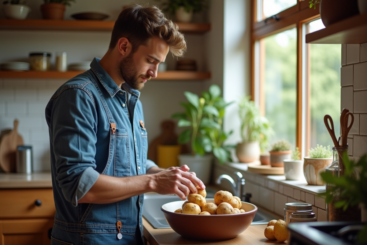 Jeune homme pelant des pommes de terre dans la cuisine