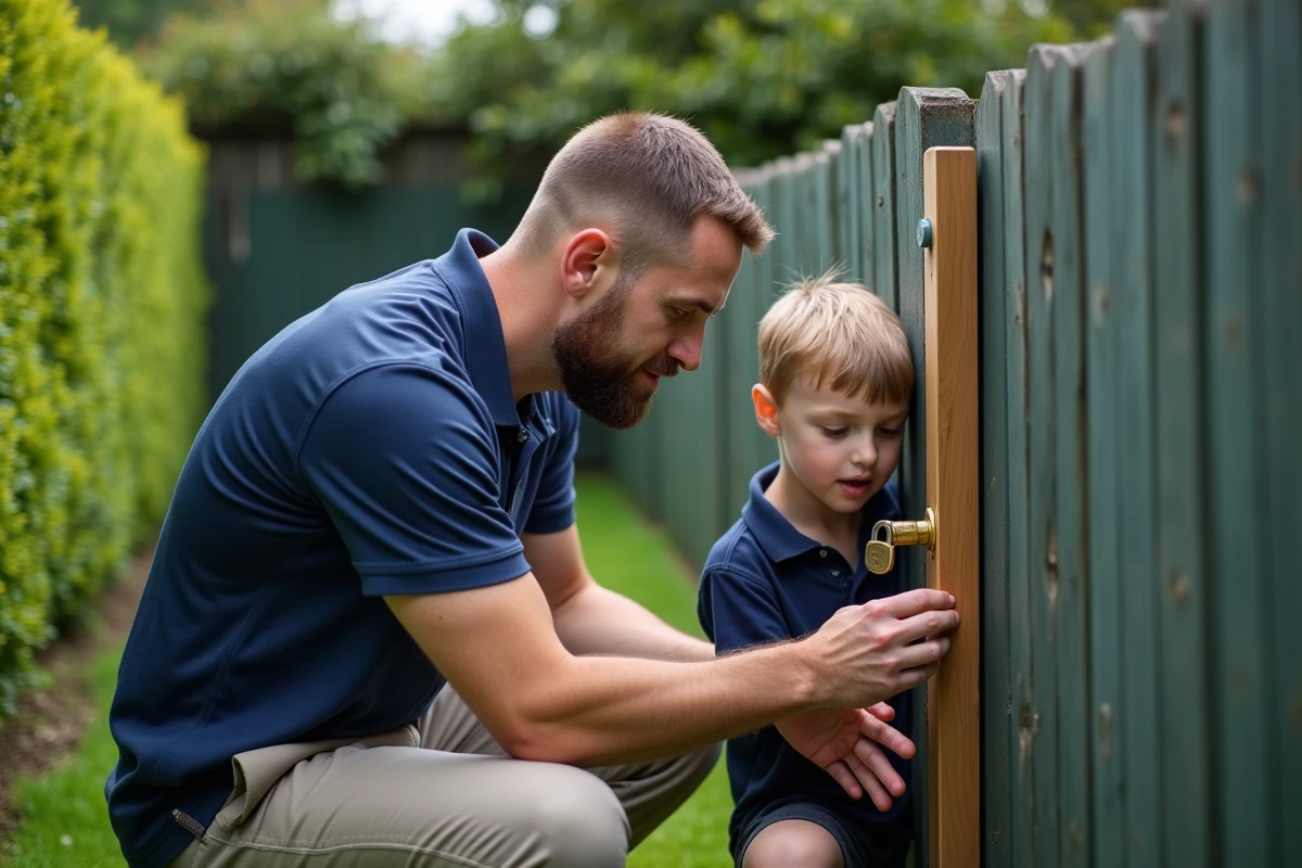 Père et fils changeant ensemble le code d'un cadenas sur un portail de jardin familial