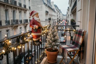 Décoration de balcon étroit avec Père Noël en résine sur balustrade en fer forgé et guirlande LED, ambiance Noël urbaine parisienne