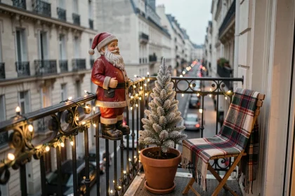 Décoration de balcon étroit avec Père Noël en résine sur balustrade en fer forgé et guirlande LED, ambiance Noël urbaine parisienne