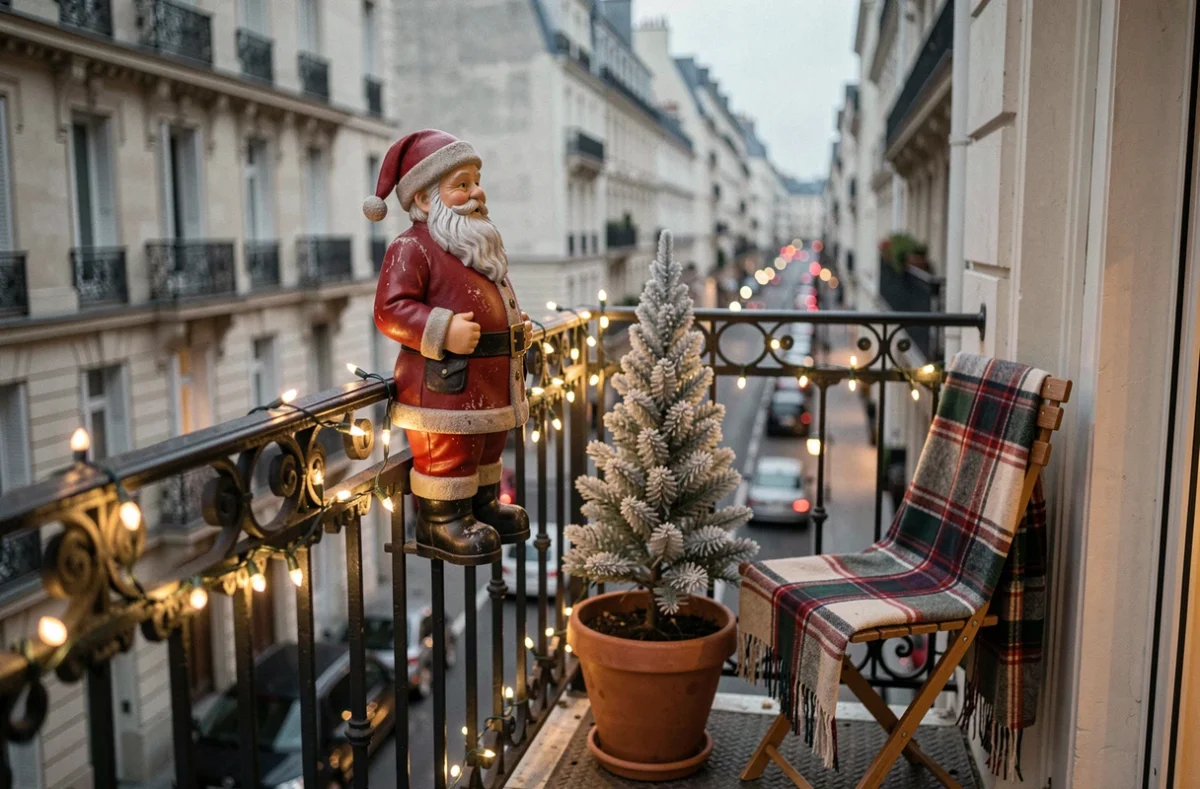 Décoration de balcon étroit avec Père Noël en résine sur balustrade en fer forgé et guirlande LED, ambiance Noël urbaine parisienne