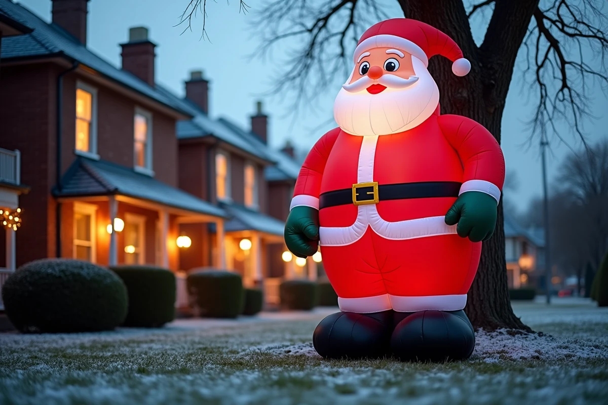 Père Noël gonflable géant installé dans un jardin en façade de maison, décoration extérieure de Noël en hiver