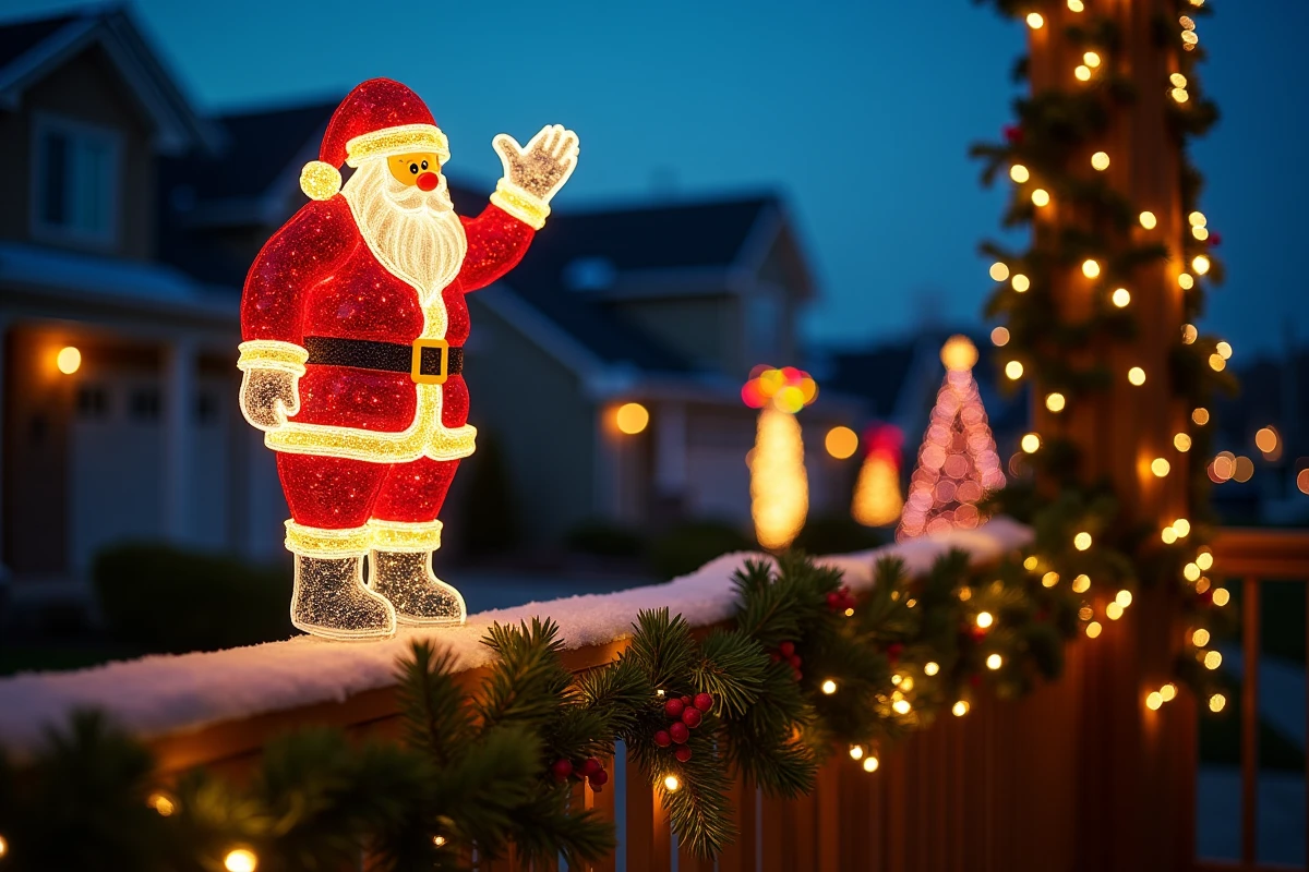 Père Noël lumineux en fils LED sur le porche d'une maison, décoration de Noël extérieure lumineuse au crépuscule