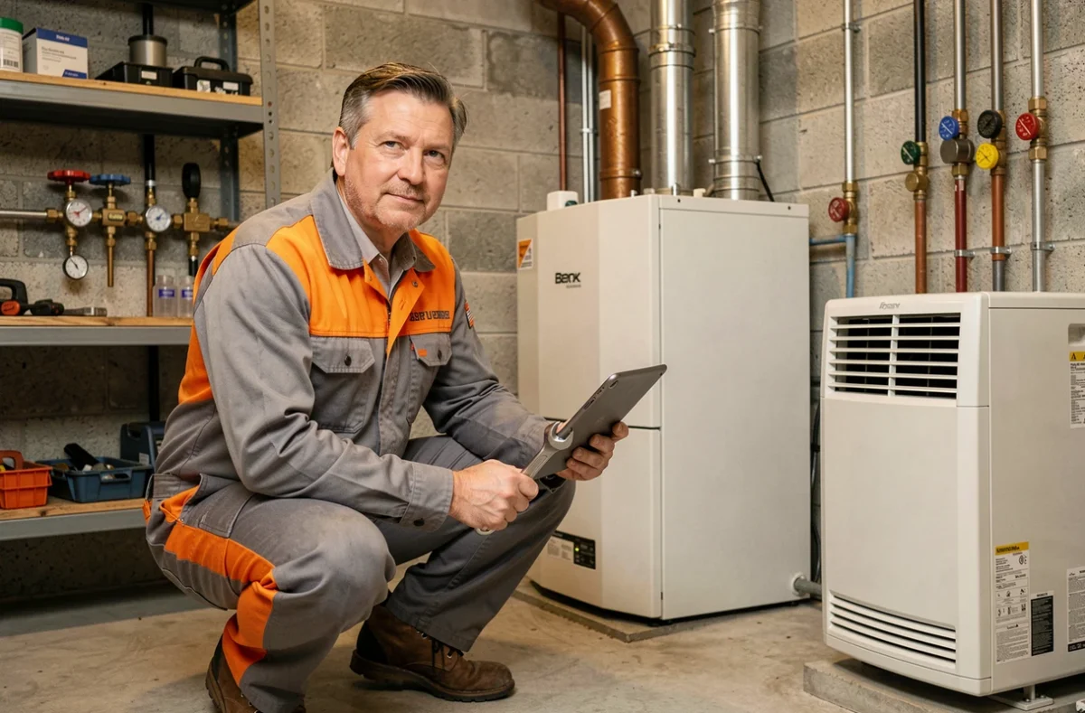 Technicien de Pesquet Chauffage Plomberie travaillant sur une installation combinant chauffage et climatisation dans une maison de Seine-Maritime