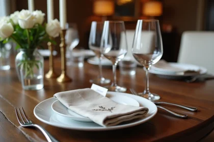 Art de la table chic avec trois verres à cristal disposés en diagonale sur une nappe en lin blanc pour un dîner élégant