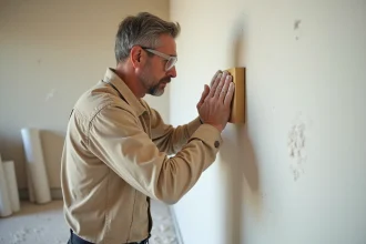 Artisan ponçant un enduit de finition blanc sur un mur avant la pose de papier peint avec une cale à poncer