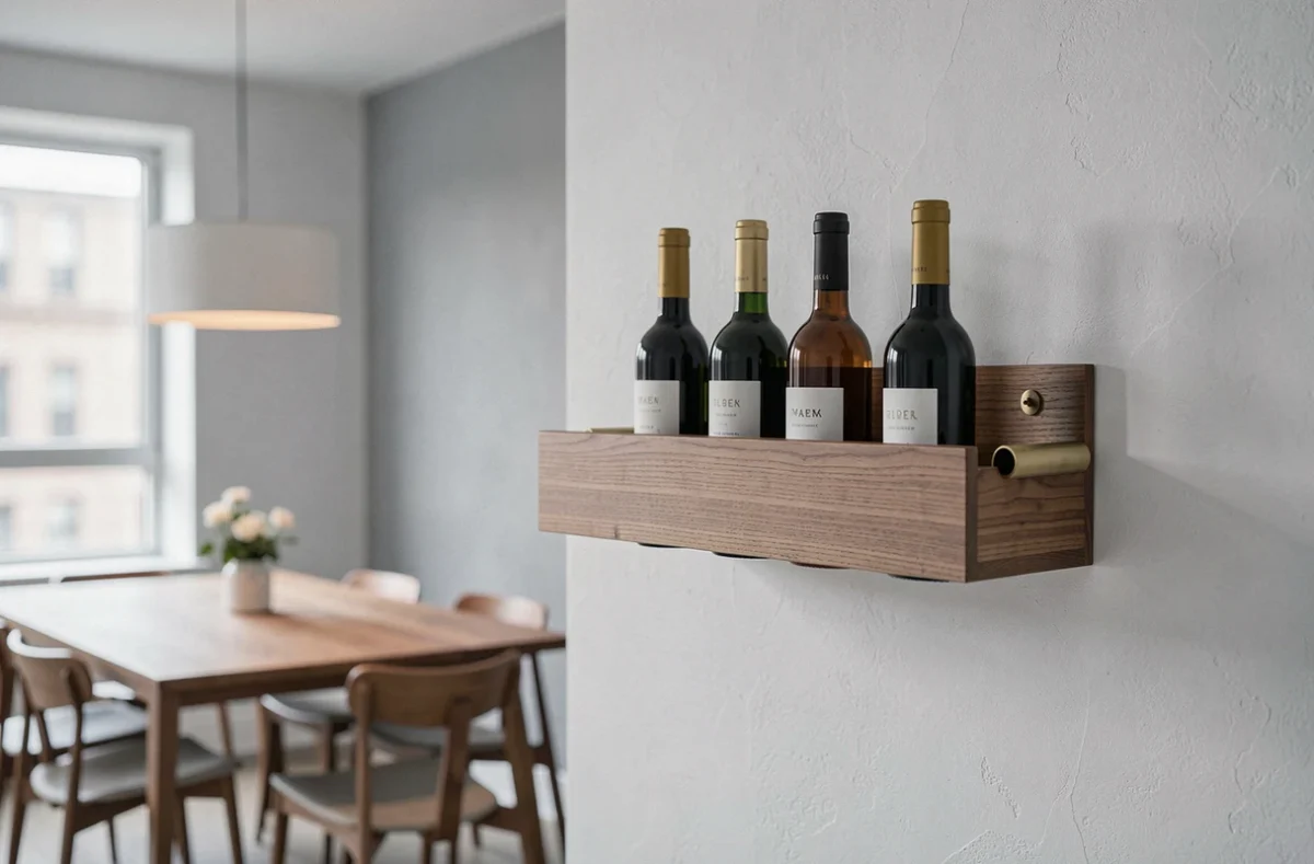 Porte-bouteille mural en bois design minimaliste en noyer avec fixations dorées dans un appartement moderne