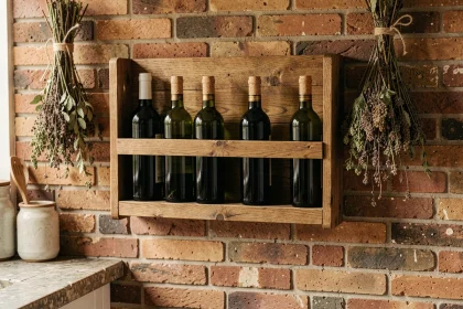 Porte-bouteille mural en bois rustique installé sur un mur en brique avec des bouteilles de vin rouge