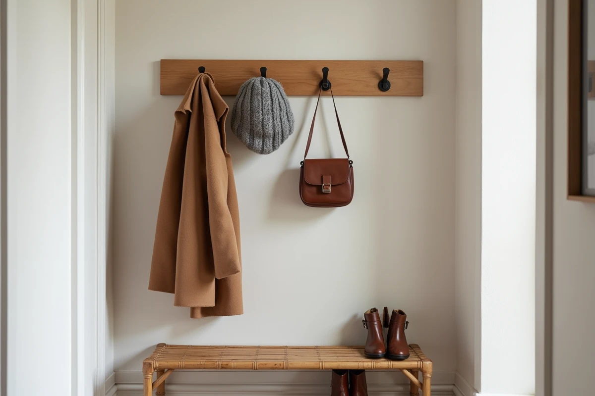 Gros plan sur un porte-manteau mural en bois de frêne avec crochets en métal mat dans un couloir d'entrée de style scandinave
