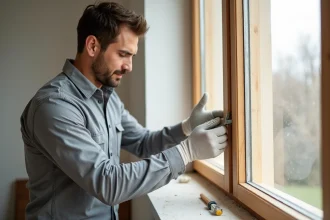 Artisan posant une bande compribande sur un cadre de fenêtre en bois lors d'une rénovation intérieure