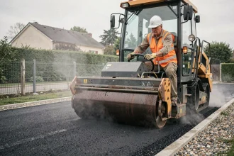 Ouvrier posant de l'enrobé bitumineux sur une allée résidentielle avec une machine à asphalte professionnelle