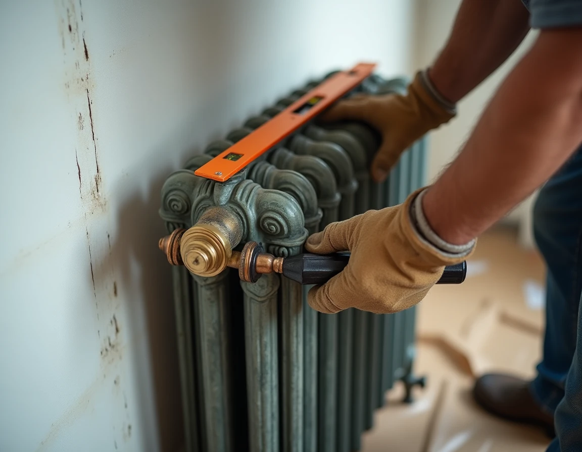 Détail de la pose et du raccordement d'un radiateur en fonte récupéré contre un mur en plâtre avec robinet en laiton