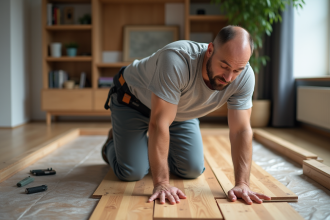 Homme moyenâge en train de poser du parquet dans un salon moderne