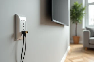 Prise TV murale encastrée sous un téléviseur 4K UHD dans un salon contemporain au style scandinave