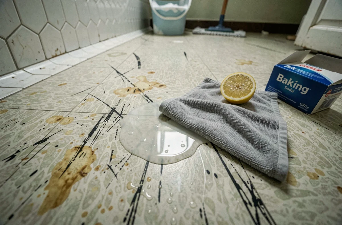 Gros plan sur un sol en lino taché avec du bicarbonate, du vinaigre blanc et un citron coupé pour le nettoyage