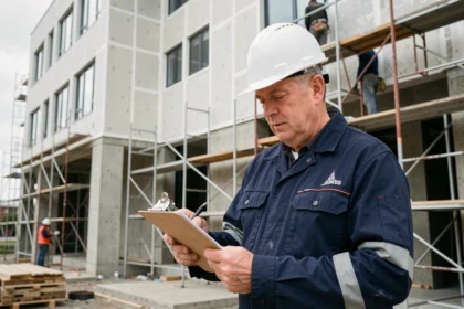Professionnel du BTP analysant un devis d'isolation thermique sur chantier de bâtiment tertiaire