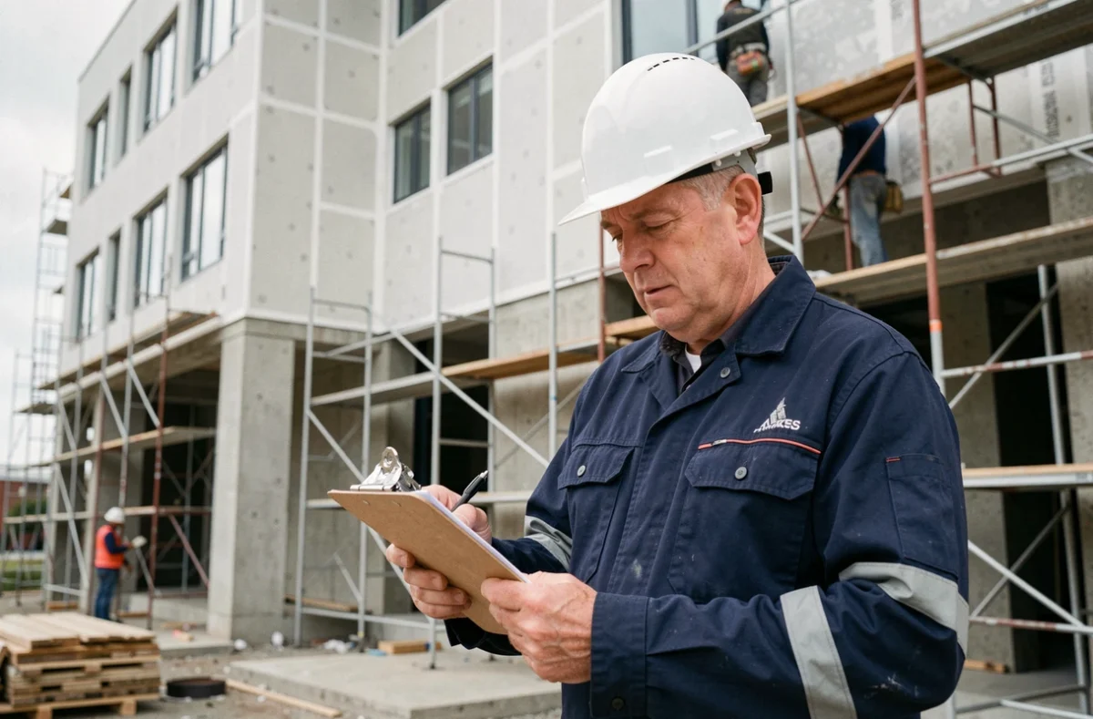 Professionnel du BTP analysant un devis d'isolation thermique sur chantier de bâtiment tertiaire