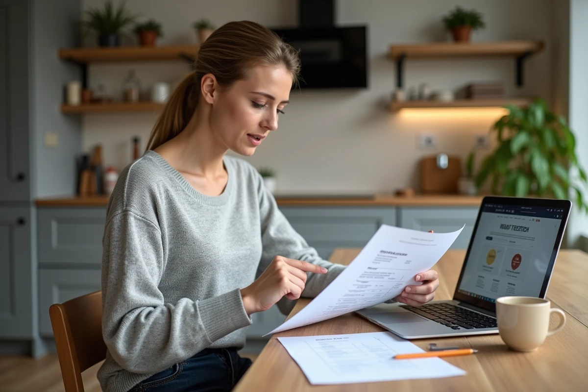Femme propriétaire comparant des devis d'électricien sur ordinateur portable et document papier à la maison