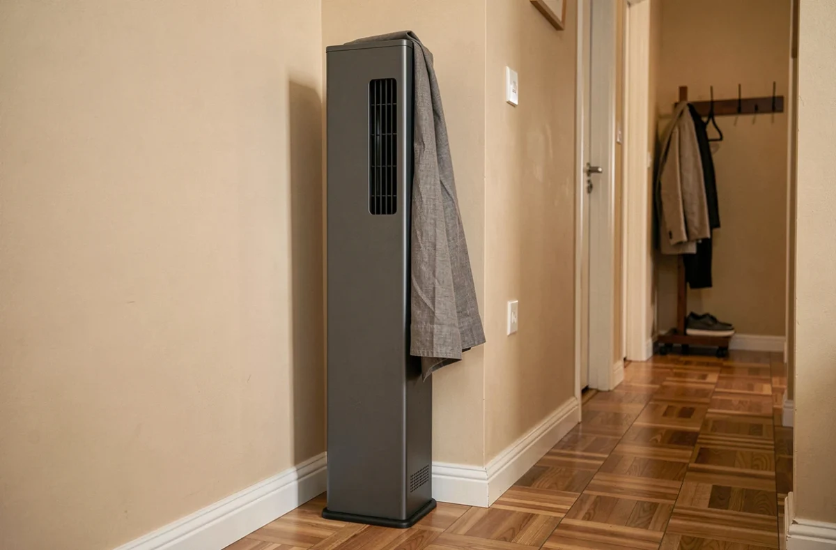 Radiateur soufflant vertical anthracite dans un couloir étroit avec parquet bois pour optimiser l'espace