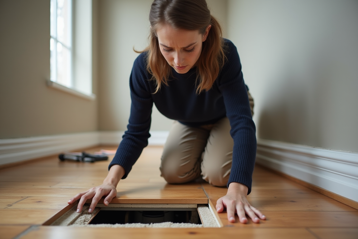Propriétaire vérifiant un plancher pour déceler des dégâts d