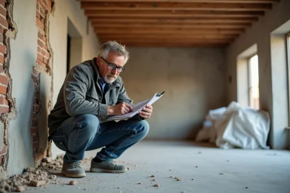 Entrepreneur en rénovation examinant l'isolation d'un mur intérieur lors d'une rénovation énergétique en classe Effi 65