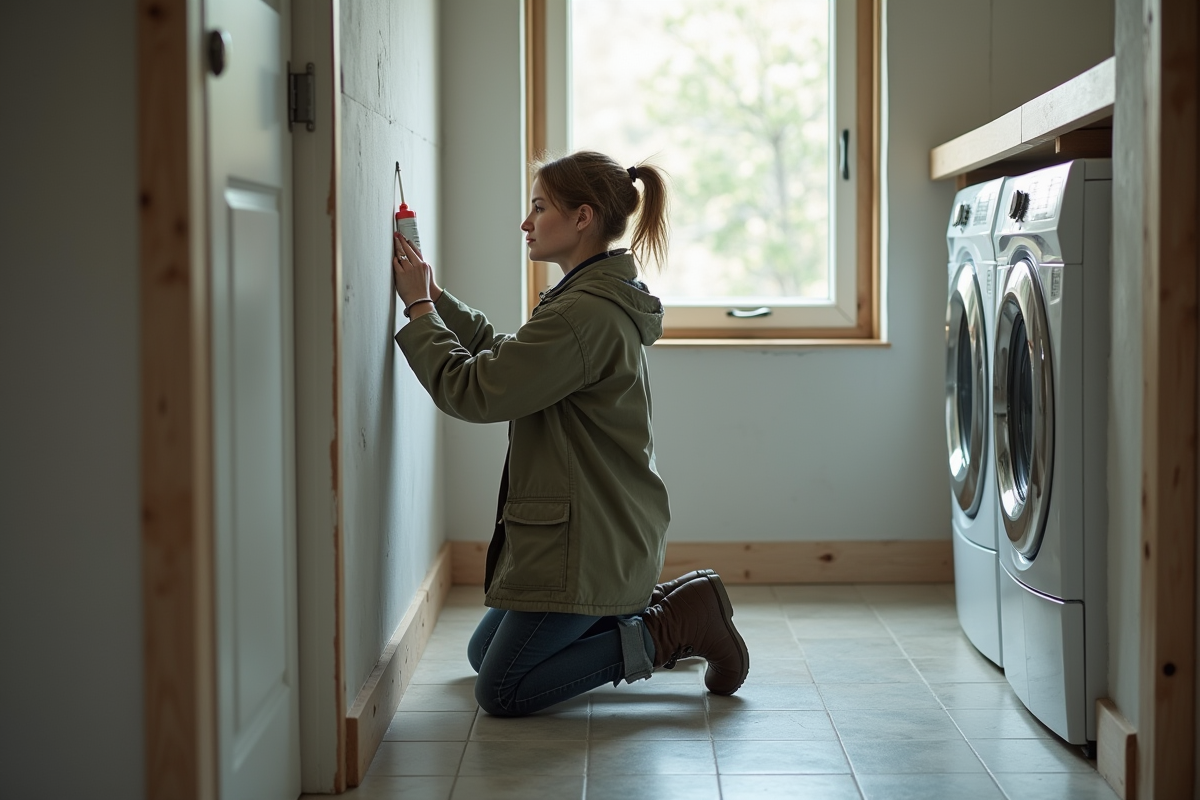 Femme scellant une fenêtre dans une buanderie moderne