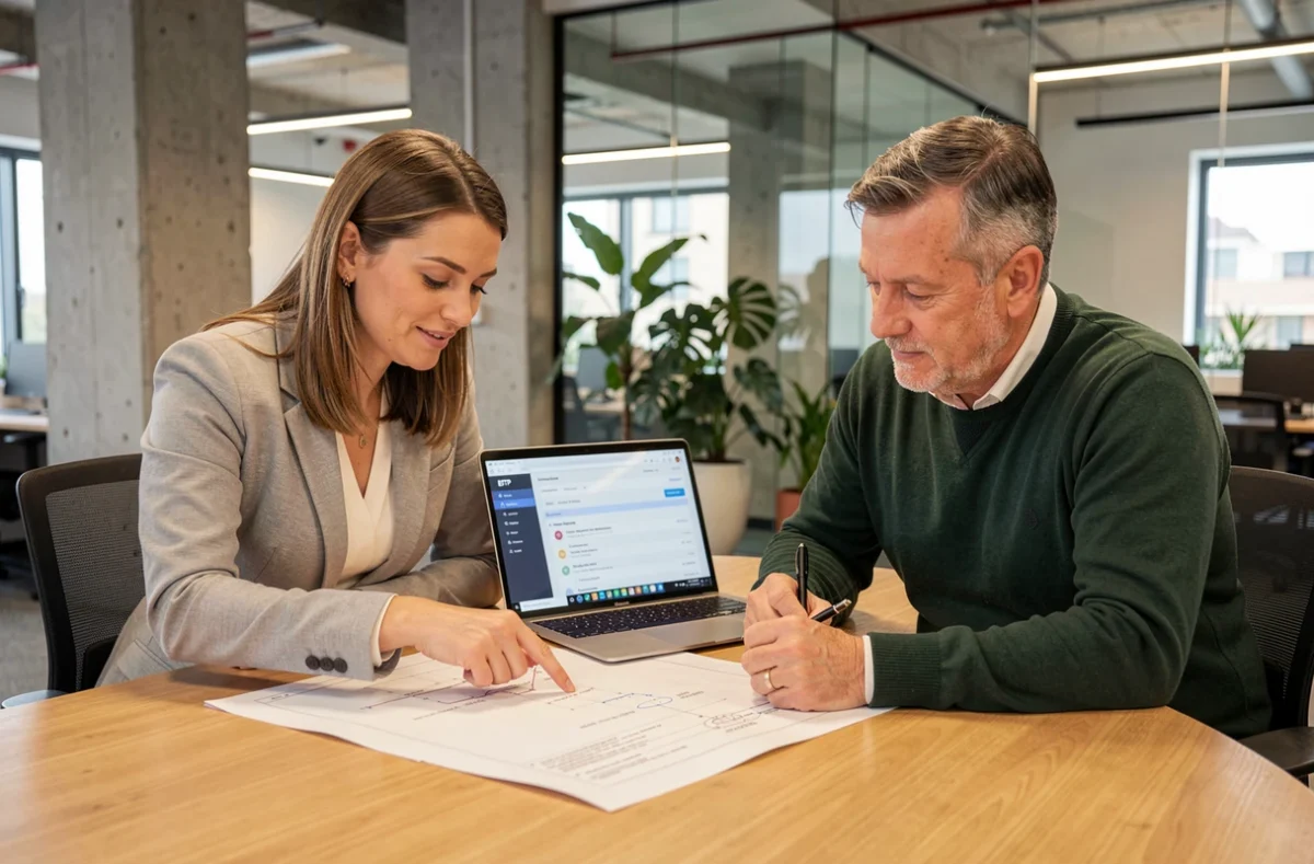 Deux professionnels comparant des devis d'isolation pour un projet de bâtiment tertiaire sur une plateforme BTP en ligne