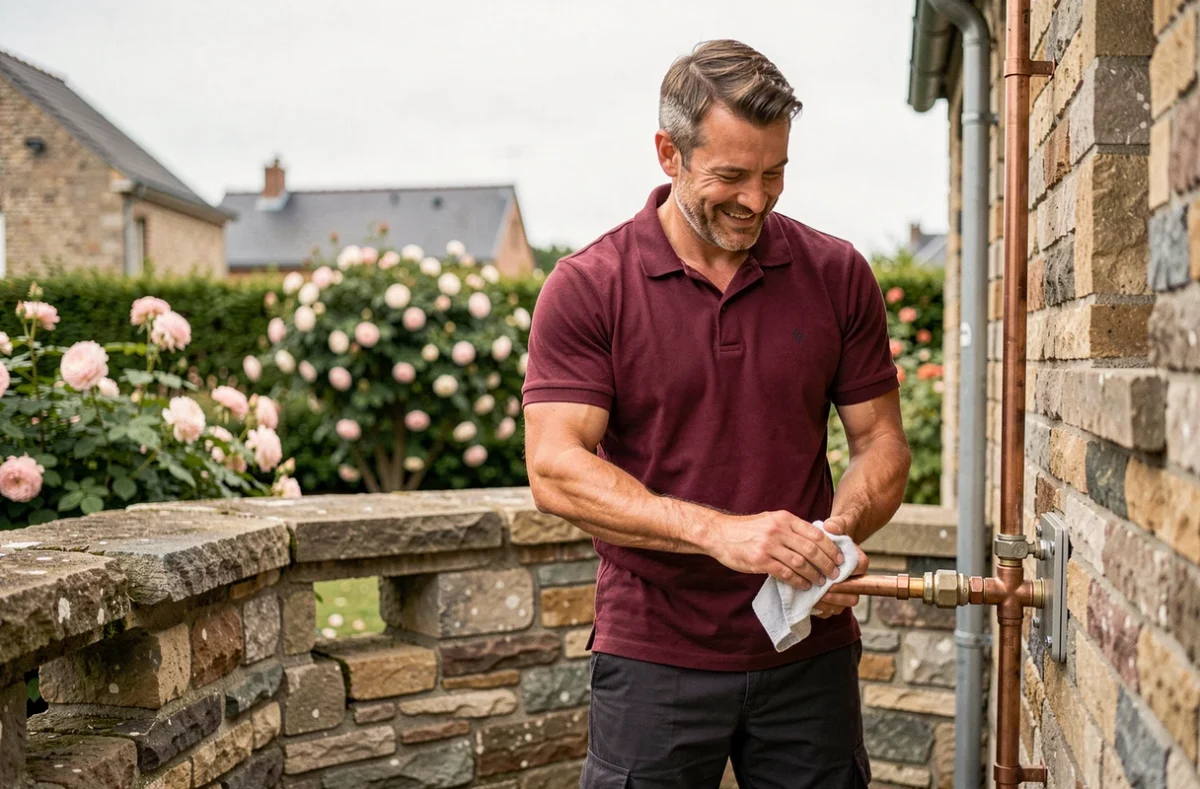 Xavier Rico, technicien indépendant, finalisant le raccordement d'un groupe extérieur de climatisation dans un jardin résidentiel de Seine-Maritime
