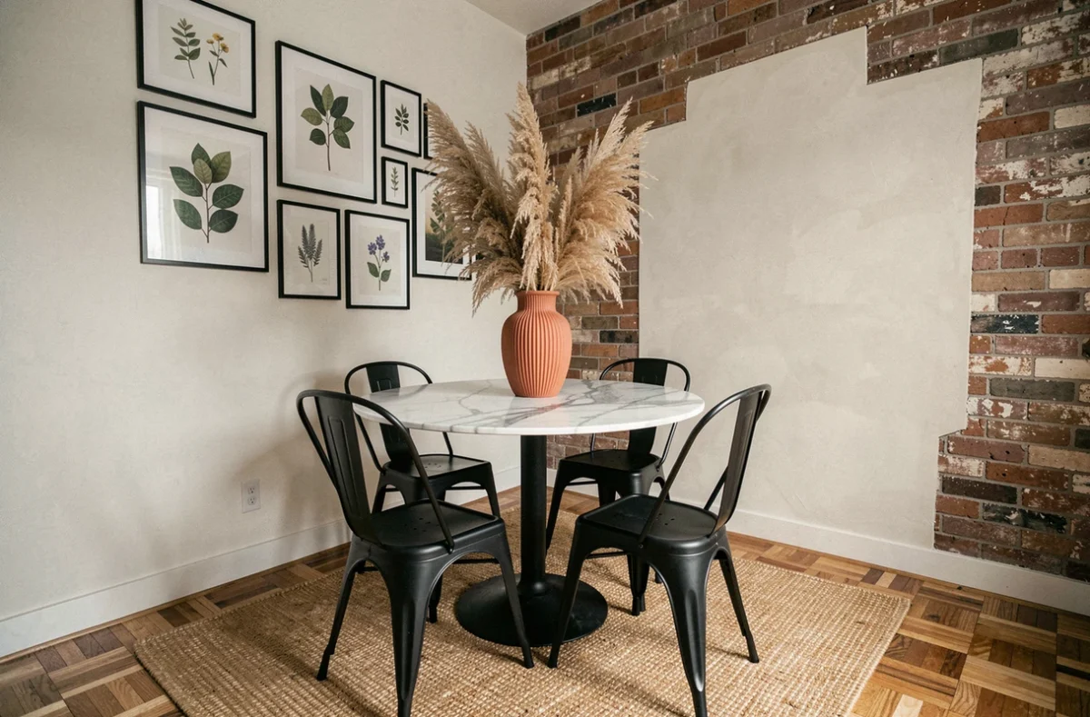 Salle à manger rénovée avec décoration raffinée, table en marbre, chaises noires et mur de cadres botaniques inspirés par une application de décoration