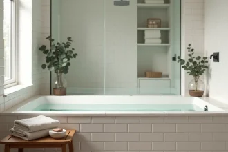 Petite salle de bain 4m2 sans WC transformée en mini spa avec baignoire îlot et décoration zen
