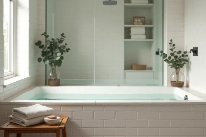 Petite salle de bain 4m2 sans WC transformée en mini spa avec baignoire îlot et décoration zen