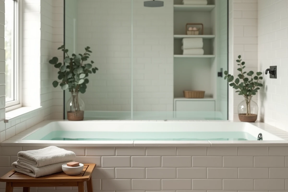 Petite salle de bain 4m2 sans WC transformée en mini spa avec baignoire îlot et décoration zen