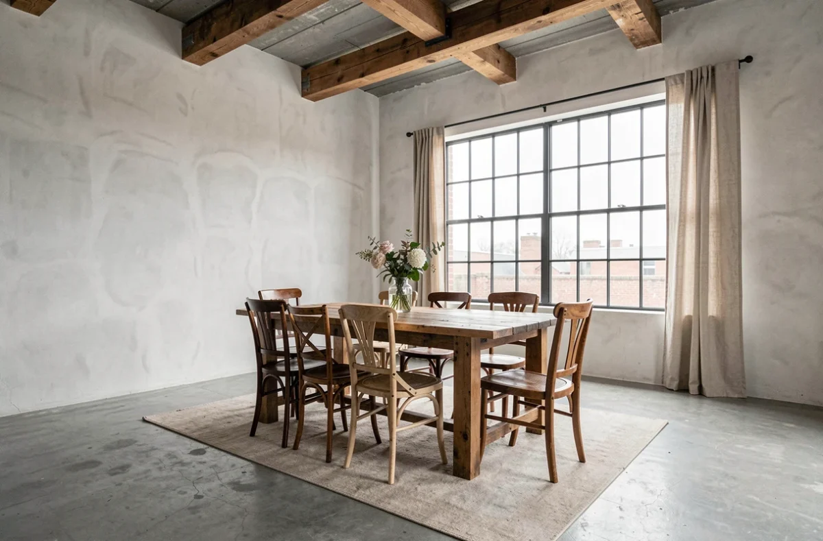Vue grand angle d'une salle à manger industrielle réchauffée par une grande table en bois brut récupéré entourée de chaises vintage dépareillées